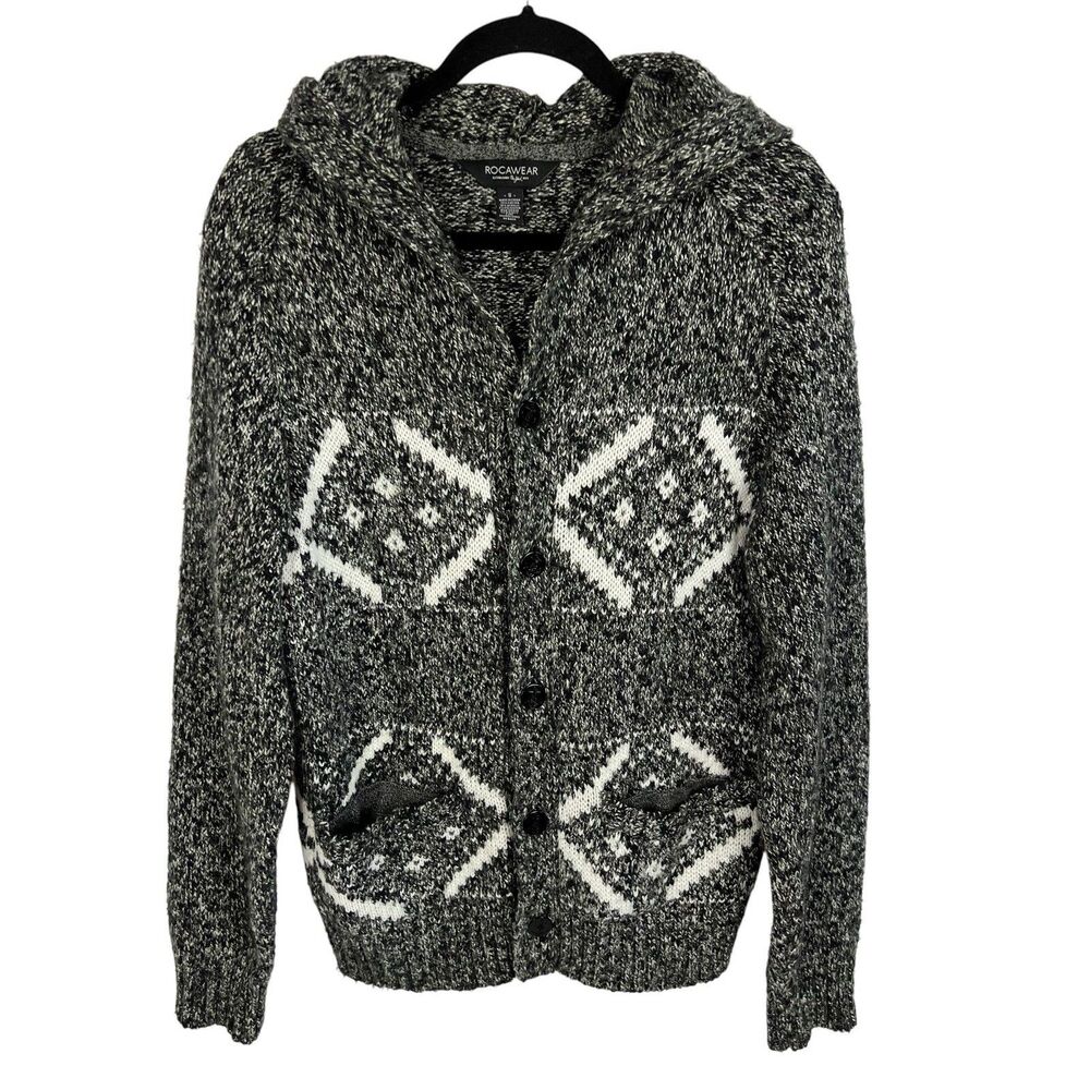 Rocawear Hooded Black White Fair Isle Nordic Button Cardigan Sweater Women Small